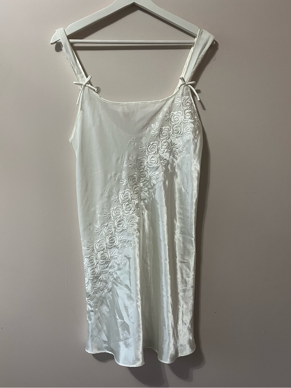 Women’s Satin Slip Dress with Floral Lace Trim - White